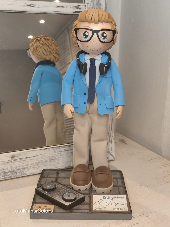 Muñeco con gafas, chaqueta azul, pantalón camel y auriculares, apoyado sobre una base.